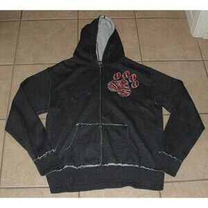 Dark Gray Sz Large Roomy Embellished BULLDOG Full Zip Hooded Jacket with Pockets